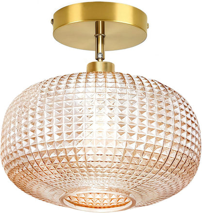 Semi Flush Mount Ceiling Light,Vintage Ceiling Light Fixture,Hallway Lighting Fixture with Amber Glass Shade,Globe Glass Light Fixture,Kitchen Lighting Fixtures Ceiling for Bedroom,Bathroom,Porch