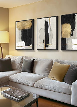 Large Framed Black and White Abstract Canvas Art Set - 3-Piece Modern Minimalist Wall Decor for Living Room and Office, 24x36 Inches