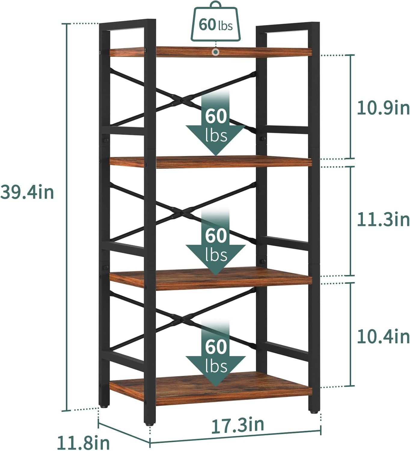 4 Tier Bookshelf - Small Book Shelf Industrial Bookcase, Narrow Book Case Book Storage Organizer for Cd/Movie/Book, Bookshelves for Bedroom Office Living Room Berry Brown