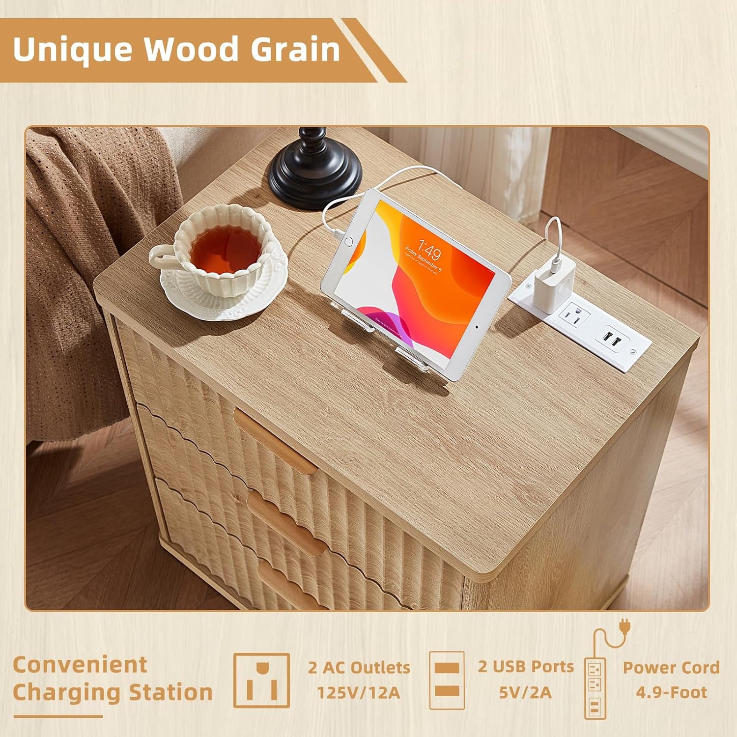 Fluted Dresser and Nightstand Sets, Wood 48" Wide Dresser & 23" Night Stand with Charging Station, 2 Piece Bedroom Furniture Set, Chest of Drawers for Bedroom, Home, Living Room,Wood