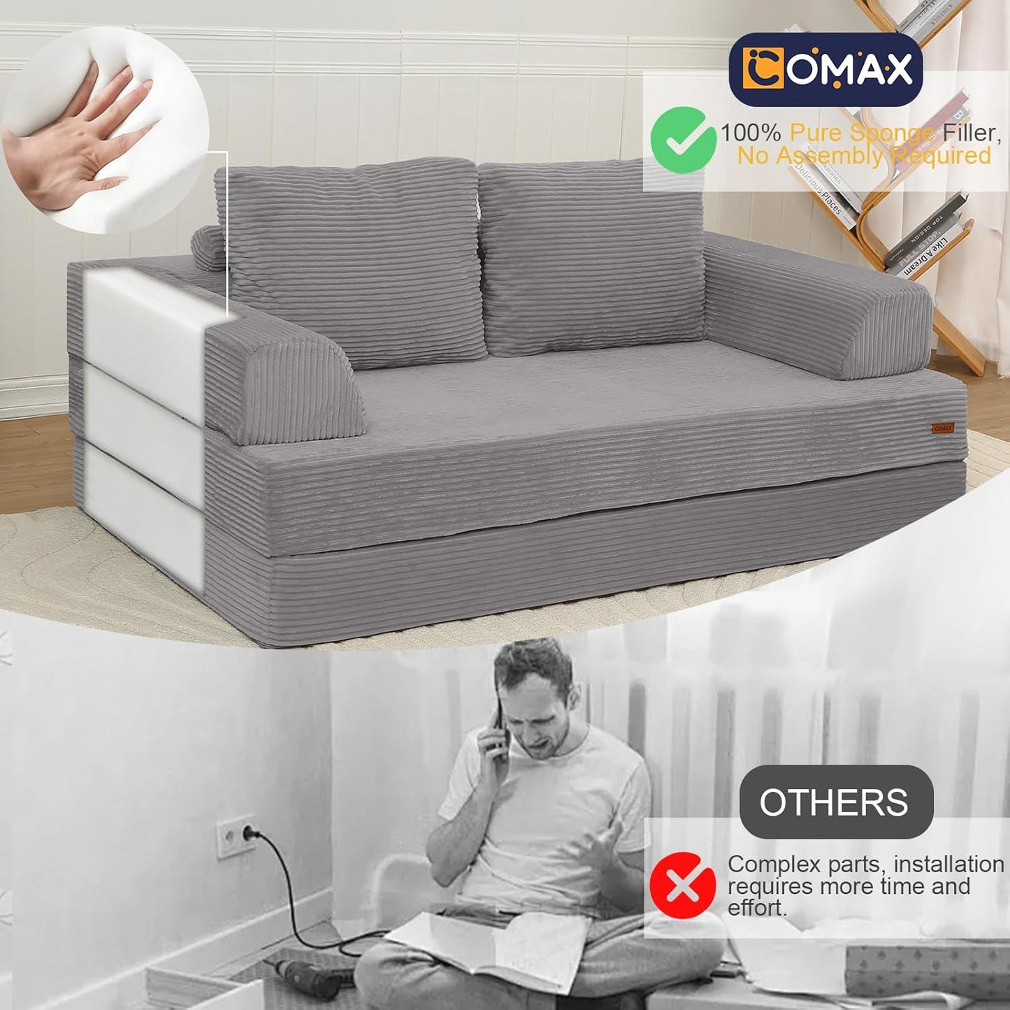 Futon Sofa Bed, Convertible Folding Sofa Bed, Boneless Couch Loveseat Corduroy with Pillows, Small Foldable Floor Couch Comfy Lounge Sleeper for Living Room Bedroom, Light Grey