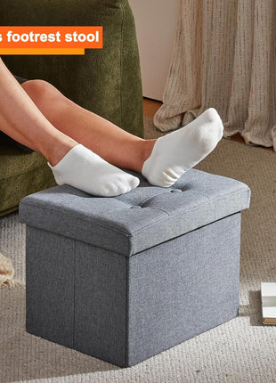 Compact Grey Foldable Ottoman Stool with Hidden Storage - 17 x 13 x 13 Inches for Living Room Use
