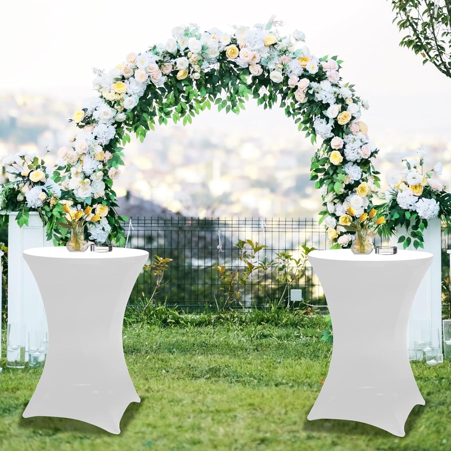 2Sets 32In Hightop Folding Cocktail Tables+Covers, White-Spandex Stretch Folding Bar Table Covers, Removable Legs Bar Height Folding Table Outdoor Indoor Use (2+2White/2Covers+2Tables)