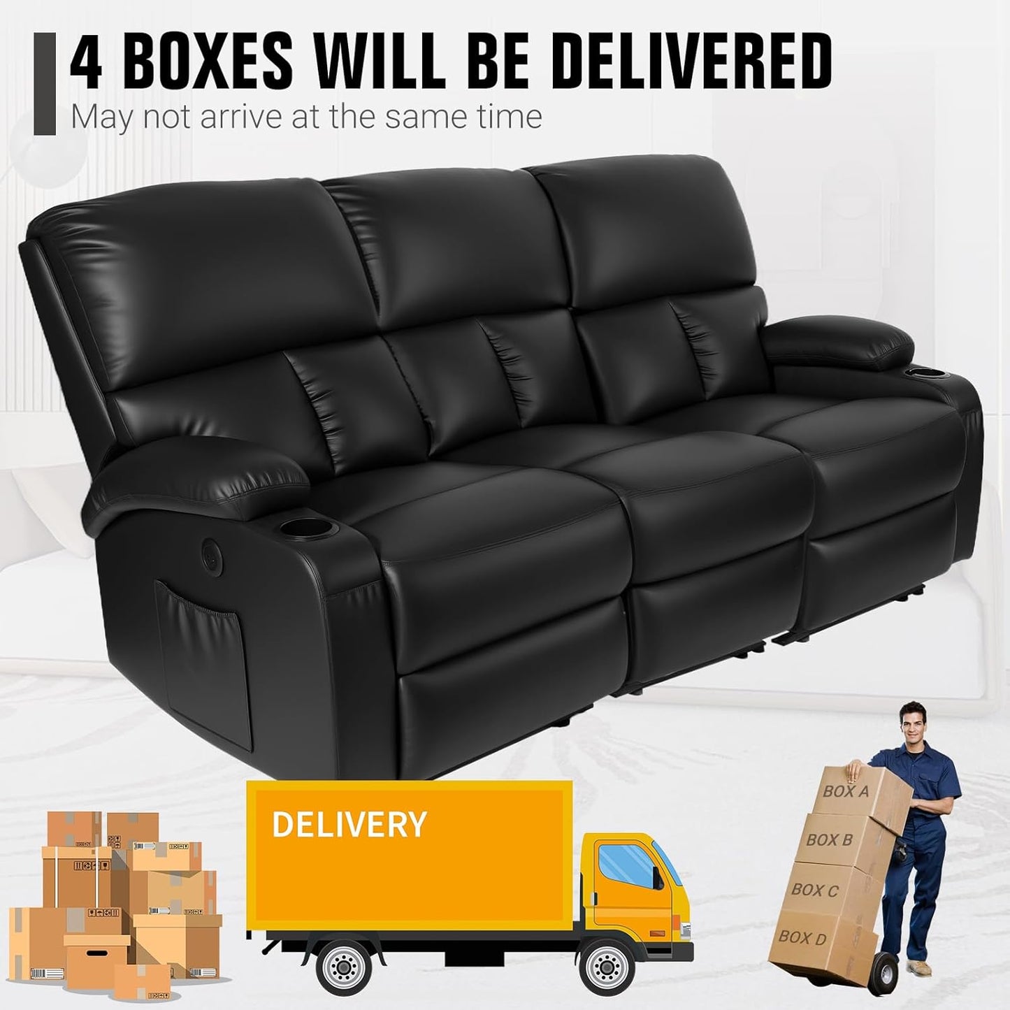 Home Theater Seating,Rv Recliner Sofa with Massage and Heat,Manual RV Recliner Loveseat with Usb/Cup Holders and Side Pocket for Living Room,3 Seater Black