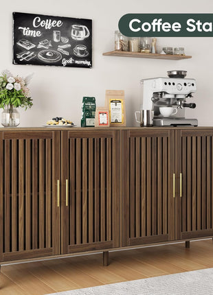 63" Long Sideboard Buffet with 4 Louvered Doors, Adjustable She, and Gold Handles - Farmhouse Storage Cabinet for Entryway, Kitchen, Dining Room, and Living Room in Walnut Finish
