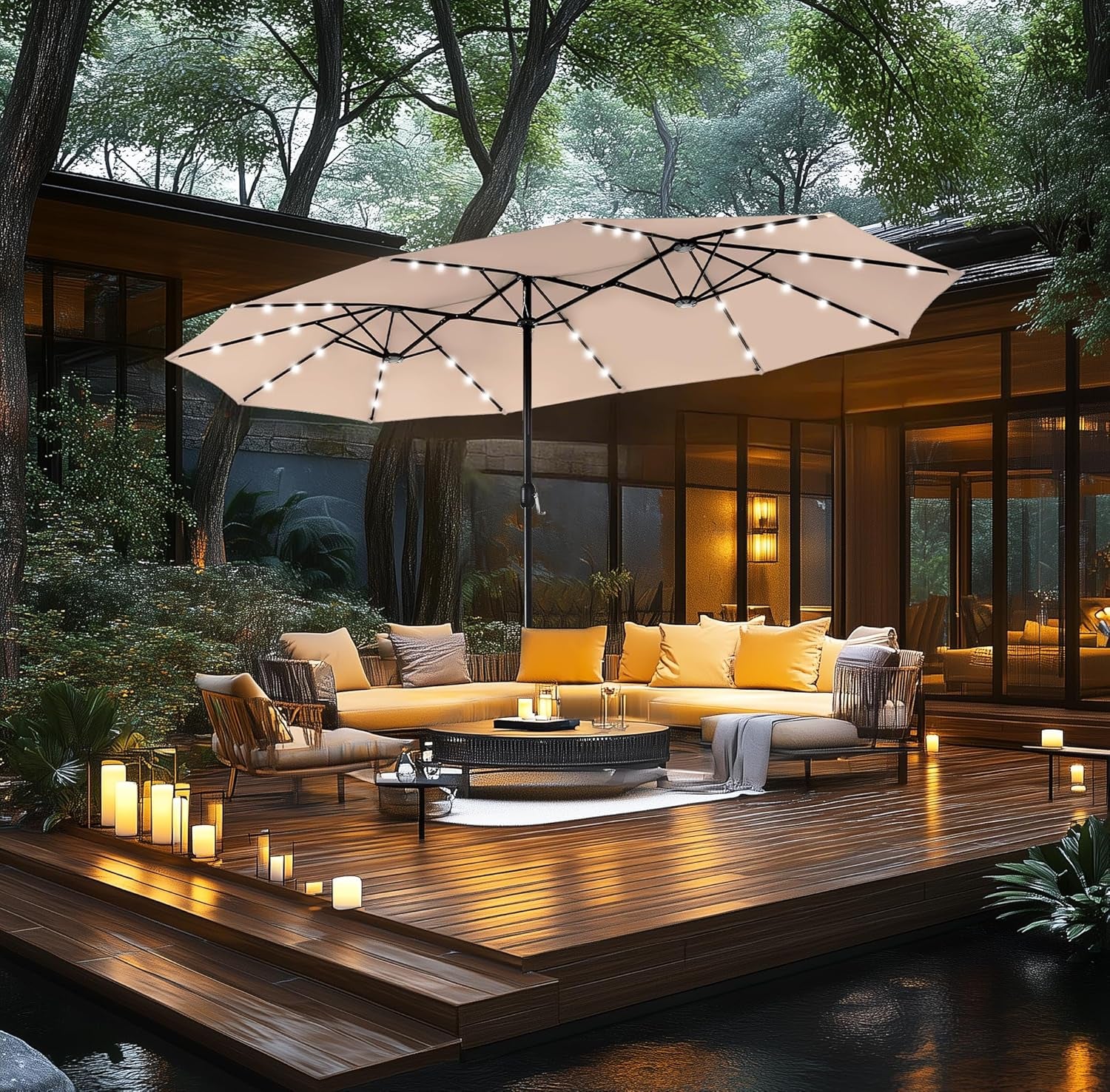 15Ft Double Sided Patio Umbrella with Solar Lights, Outdoor Large Umbrellas with Crank Handle and 36 LED Lights, Rectangular Market Umbrella with Base Included for Deck Pool Shade, Beige