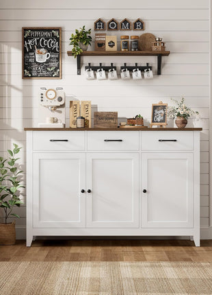 47-Inch Contemporary Farmhouse Buffet Cabinet with Storage Solutions, Adjustable Shelves, and Drawers for Dining Room, Kitchen, and Entryway - White Wood Sideboard
