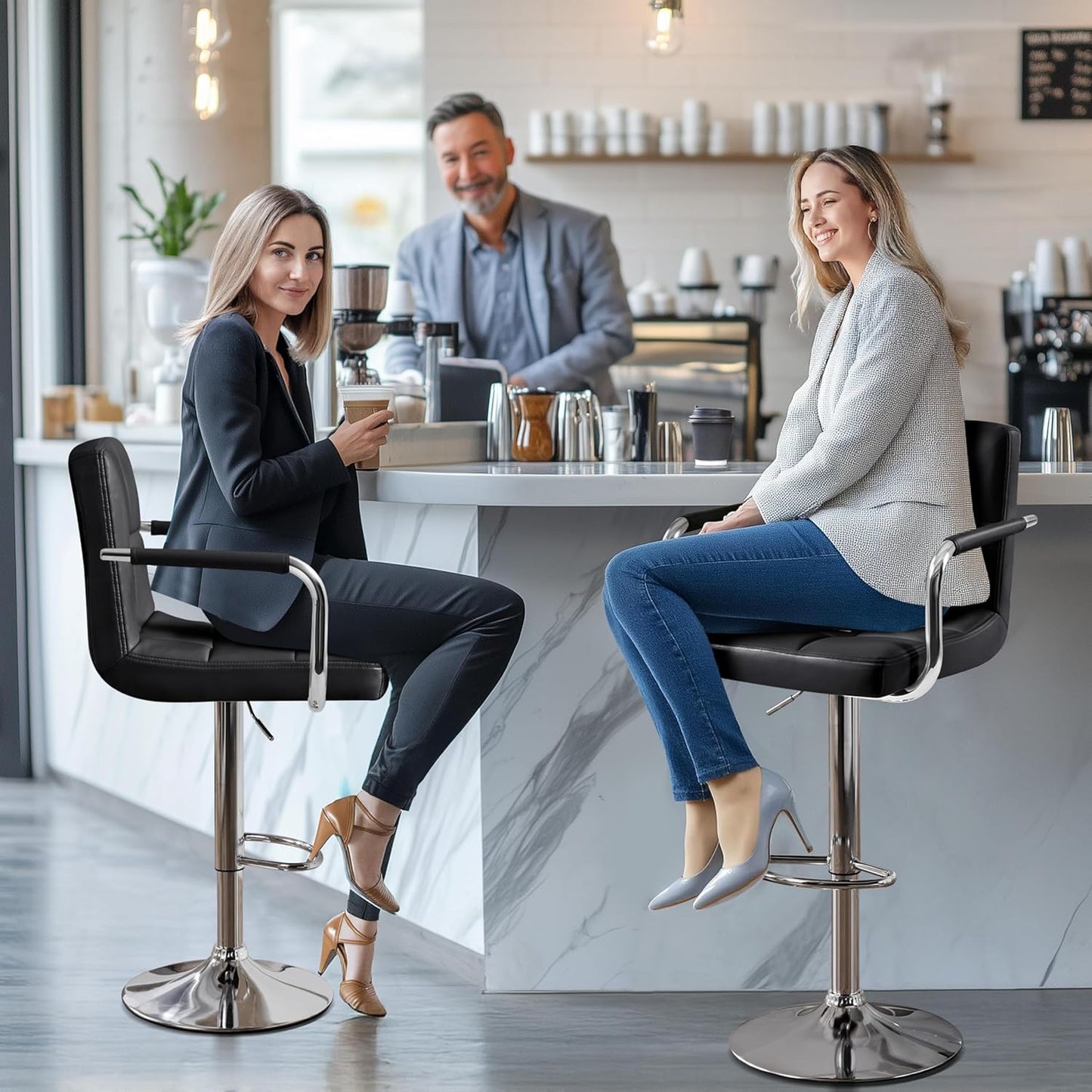 Bar Stools Set of 2, PU Leather Height Adjustable Swivel Barstools, Hydraulic Kitchen Counter Height Bar Chairs with Armrest and Back for Kitchen, Dining Room, Black