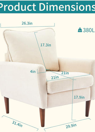 Mid-Century Upholstered Accent Chair with Pillow and Solid Wood Legs for Living Room, Bedroom, and Waiting Areas - Wide Single Modern Lounge Sofa in Beige