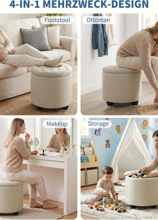 Contemporary Beige Round Storage Ottoman with Button Tufting and Detachable Lid for Living Room, Bedroom, and Makeup Space