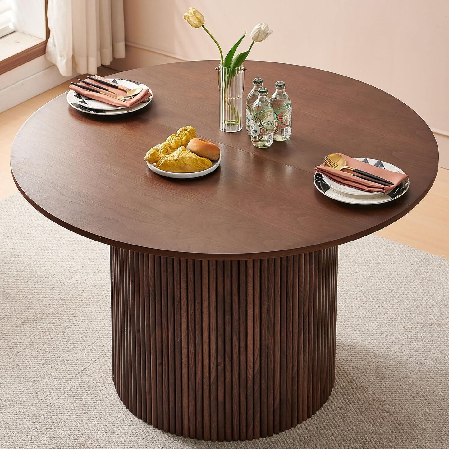 5 Piece 47-Inch round Dining Table Set for 4, Rustic Walnut Dinner Table with Upholstered Dining Room Chairs Brown, Engineered Wood Kitchen Table with Wood Strips Base