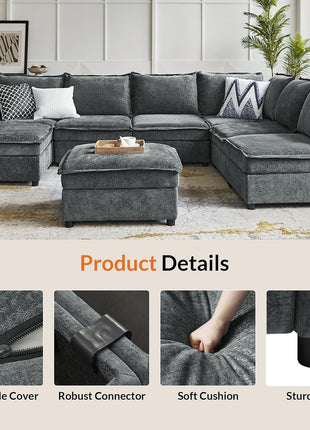 Oversized Modular Sectional Sofa - 8-Seat U-Shaped Couch with Storage Ottoman, Comfortable Chenille Fabric, Deep Seat, Convertible Design for Living Room, Grey