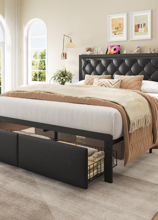 Queen Bed Frame with Upholstered Button-Tufted Headboard, Two Storage Drawers, Integrated Charging Station, Box Spring Not Required, Noise-Free Design, All-Metal Construction, Black