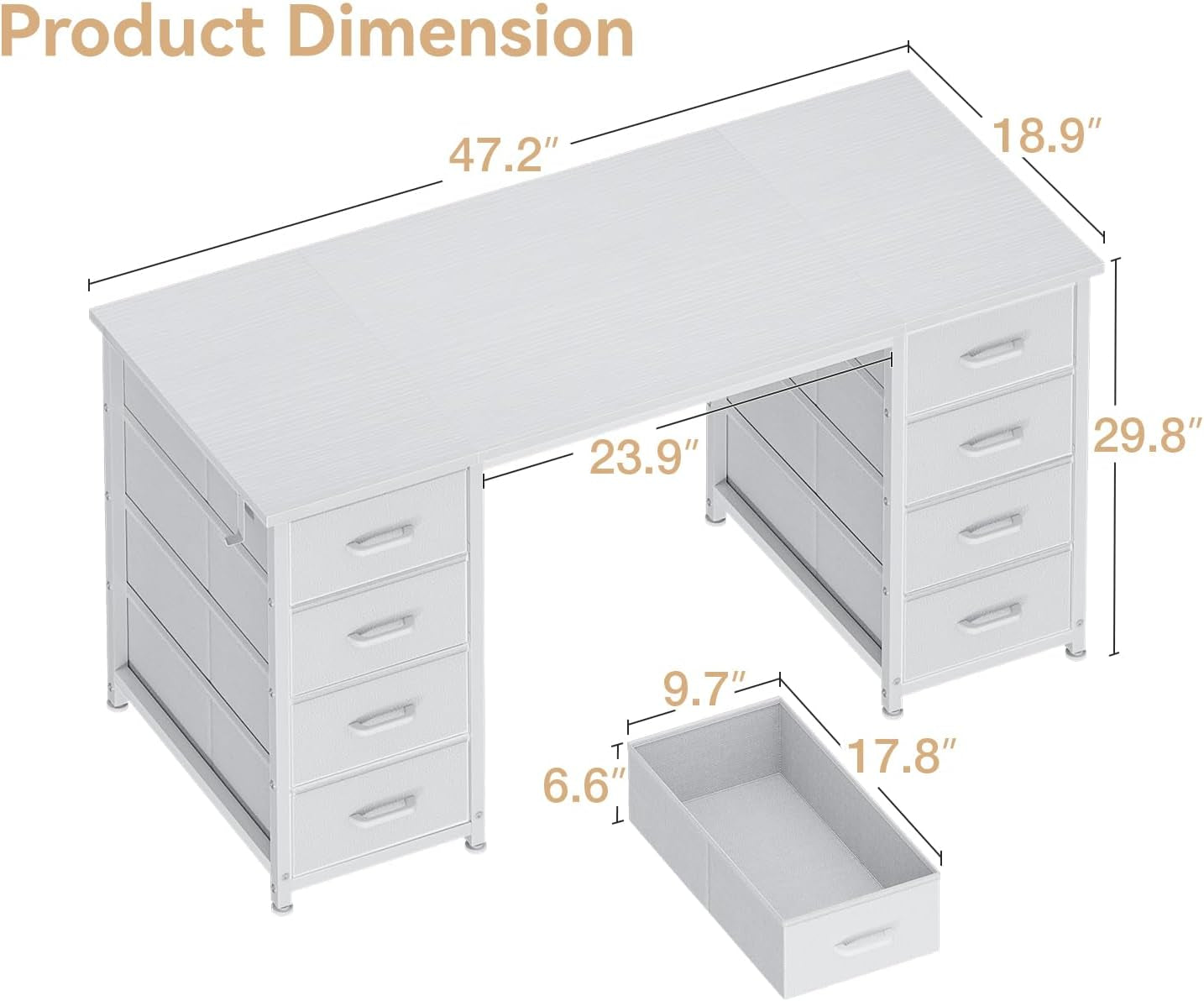 48 Inches Computer Desk with 8 Fabric Drawers, Modern Office Desk with Large Storage for Home Office, Study, White