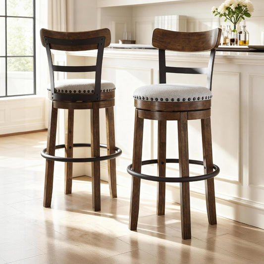 Valebeck | 30″ Farmhouse Pub-Height Swivel Barstool with Back – Upholstered Cushion, Nailhead Trim, Metal & Wood Frame, Brown