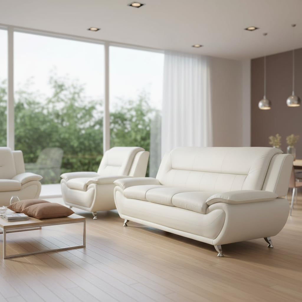 3-Piece Living Room Furniture, Modern White Faux Leather Sofa Set with Sturdy Metal Legs, (3-Seat Sofa + Loveseat + Armchair), Easy Assembly