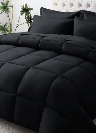 Queen Size 7-Piece Ultra-Soft Comforter Set, Oeko-Tex Certified Bedding Ensemble with Down Alternative Comforter, Sheets, Pillowcases, and Shams in Black