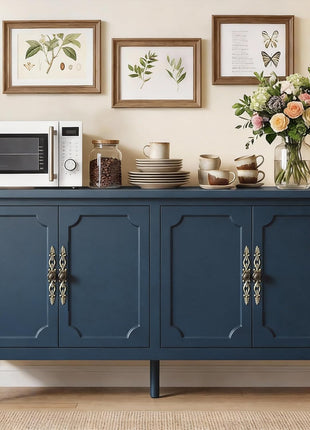 59" Vintage Buffet Cabinet with Adjustable Shelves and Carved Handle, Mid-Century Modern Navy Blue Sideboard for Kitchen and Dining Room