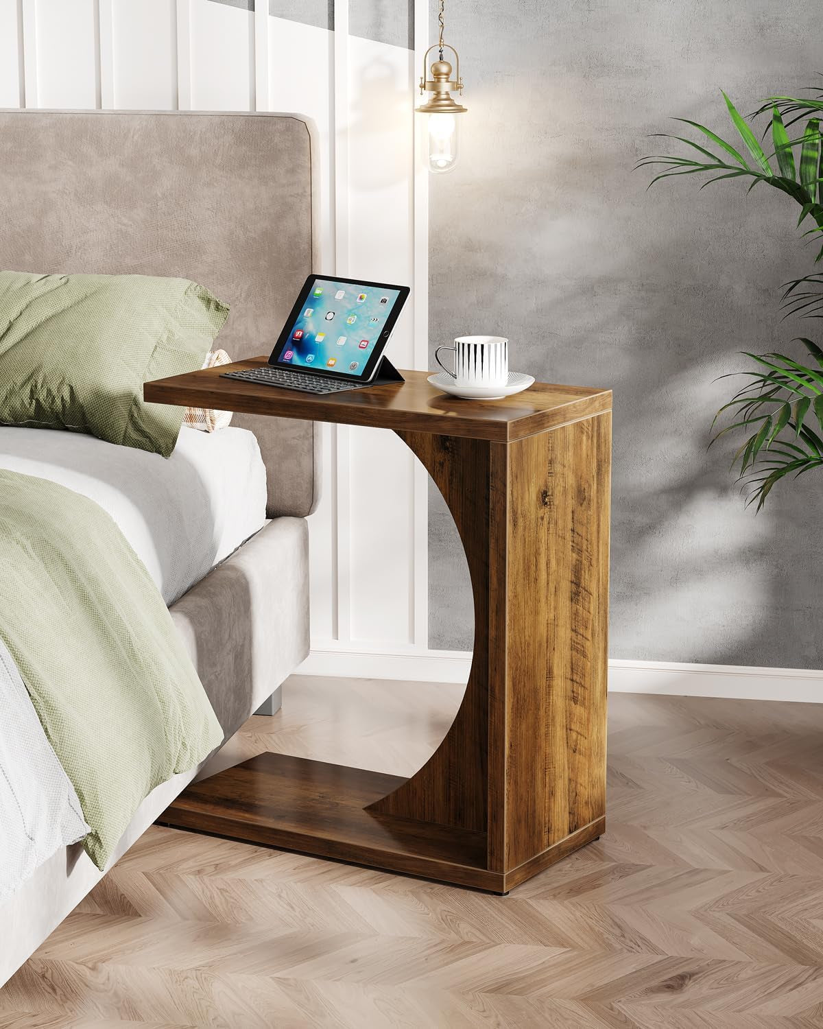 C-Shaped End Table for Couch, Sofa Side Table, C Table for Small Space, Living Room, Bedroom (1, Rustic Brown)