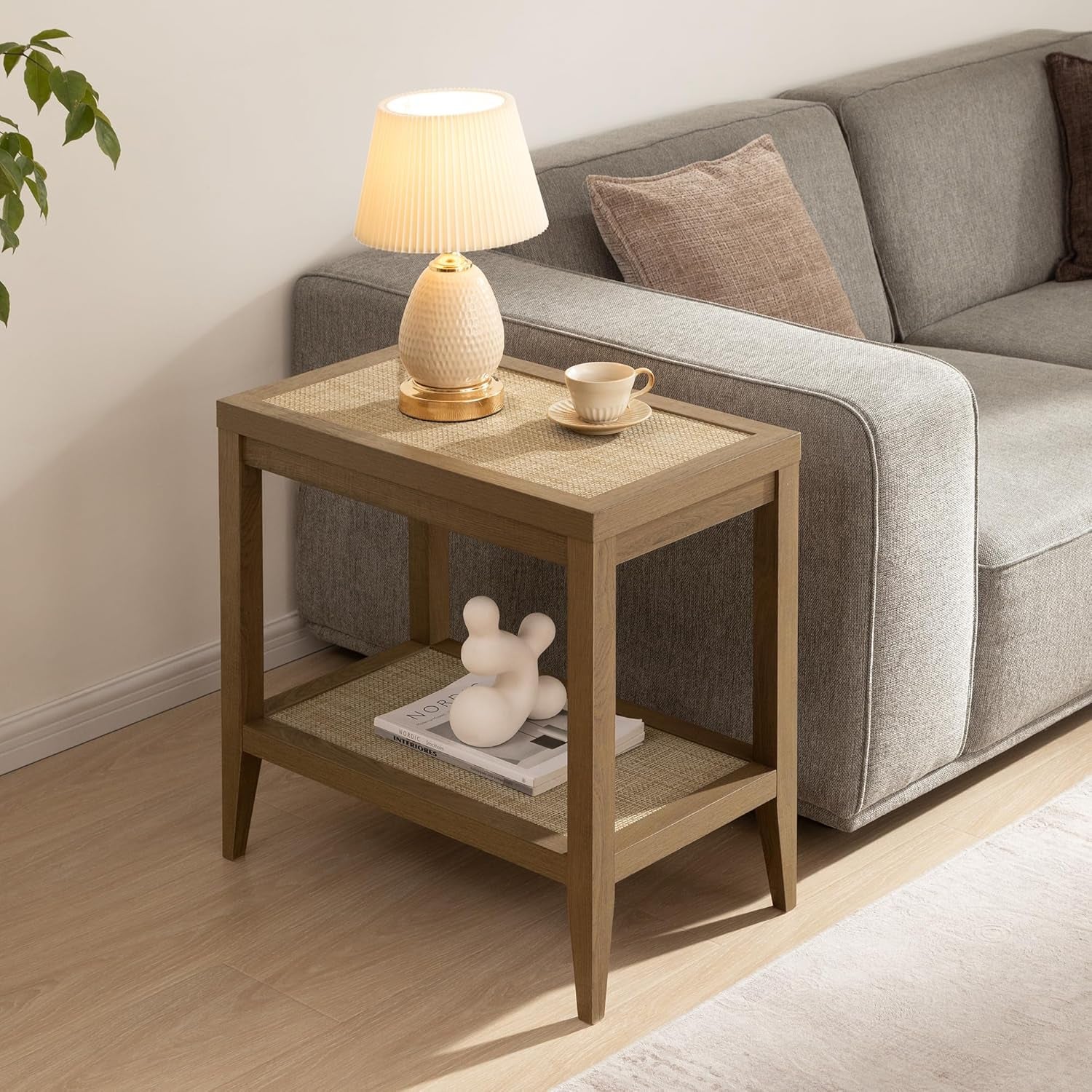 Rattan Night Stand Bedside Table - Farmhouse Boho Narrow End Table for Living Room - Accent Side Table with 2 Rattan Open Storage Shelves for Bedroom, Small Spaces