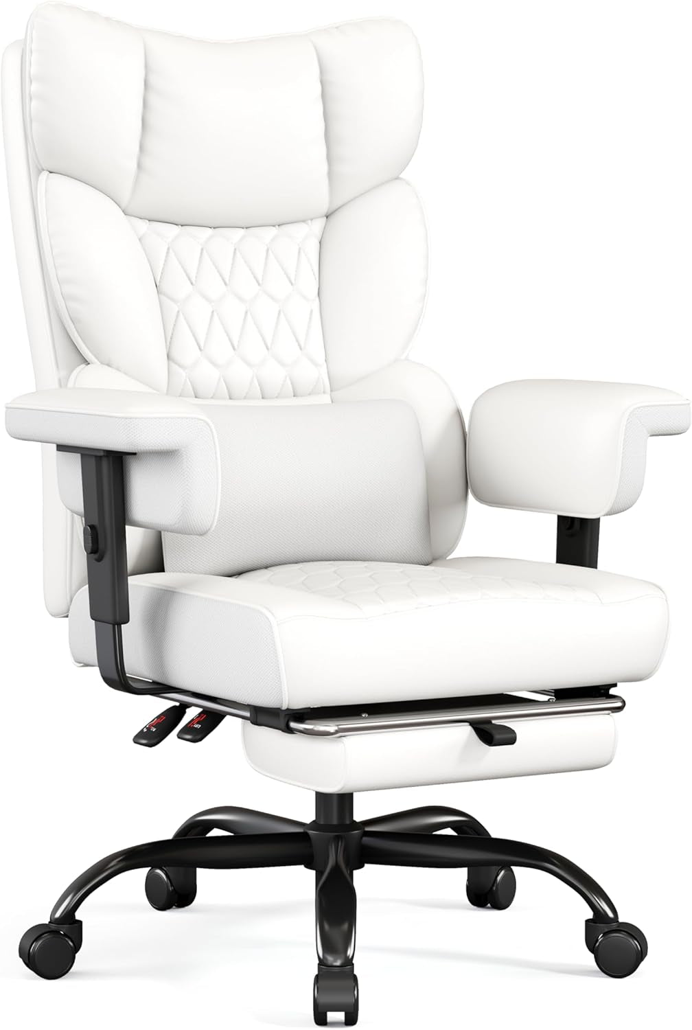 Big and Tall Office Chair with Footrest, High Back Executive Desk Chair with Adjustable Lift Armrest, 155°Recline，Lumbar Support Pillow, Faux Leather Gaming Chairs for Home or Office White