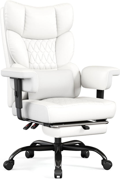 Big and Tall Office Chair with Footrest, High Back Executive Desk Chair with Adjustable Lift Armrest, 155°Recline，Lumbar Support Pillow, Faux Leather Gaming Chairs for Home or Office White
