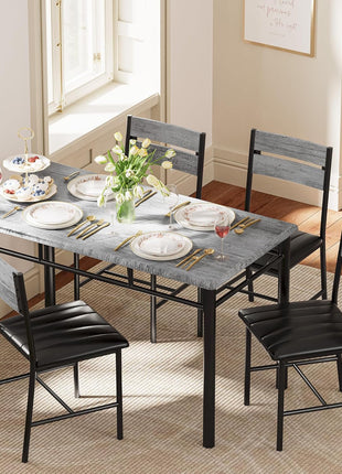 4-Person Wooden Dining Table Set with Upholstered Chairs for Compact Spaces in Grey Finish