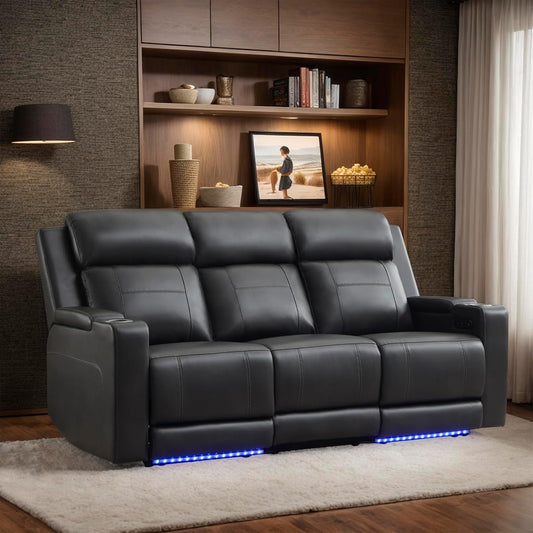 Power Reclining Sofa with Adjustable Headrest, Home Theater Seating Reclining Couch with LED Light/Outlet/Storage/Usb&Type-C, Power Loveseat Recliner Sofa for Living Room (Grey&Black, Sofa)