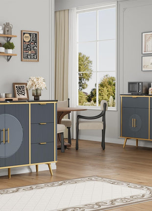 47.2" Modern Fluted Buffet Storage Cabinet with 2 Drawers and Adjustable Shelves, Navy Blue Kitchen Sideboard for Dining Room, Living Room, and Hallway