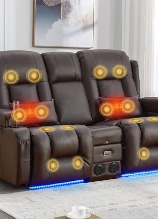 Premium Power Recliner Sofa with Flip-Up Backrest Console, USB & USB-C Ports, AC Outlet, LED Lighting, Space-Saving Design for Living Room and RV (Brown, 67" - 3 Seats) | Faux Leather, Zero Gravity, Dual Reclining, Includes 2 Lumbar Pillows and Bluetooth Speakers