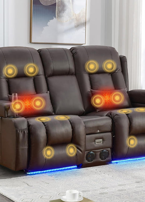 Premium Power Recliner Sofa with Flip-Up Backrest Console, USB & USB-C Ports, AC Outlet, LED Lighting, Space-Saving Design for Living Room and RV (Brown, 67" - 3 Seats) | Faux Leather, Zero Gravity, Dual Reclining, Includes 2 Lumbar Pillows and Bluetooth Speakers