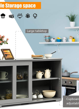 Elegant Grey Wooden Sideboard Buffet Cabinet with Adjustable Shelves and Sliding Glass Doors, Ideal Accent Console Table for Living Room, Dining Room, and Hallway