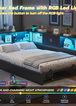 Twin Corner Bed Frame with Integrated Bookcase Storage and LED Lighting, Metal Platform Bed with Storage Drawers and Charging Station for Kids and Teens, Black