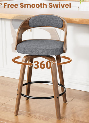 Set of 4 Mid-Century Modern 26" Upholstered Linen Fabric Swivel Bar Stools with Bentwood Legs and Back for Kitchen Island and Dining Room, Grey