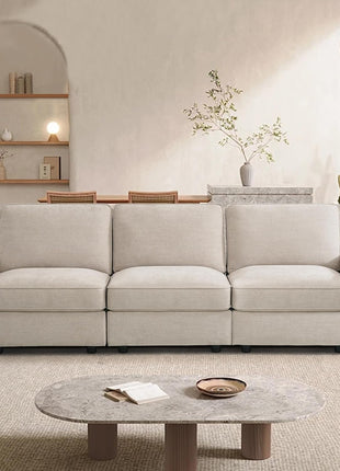 100-Inch Modular Sofa with Storage Seats, Comfortable 3-Seater Chenille Fabric Couch for Living Room, Office, Apartment with Deep Seating, Wide Arms, Side Pockets, USB Ports, and Removable Upholstered Covers in Beige