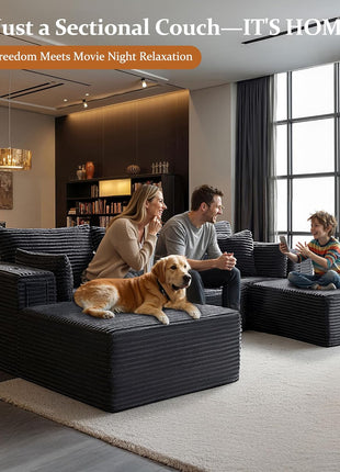 108" Cloud Sectional Sofa - U-Shaped Boneless Design, Extra Deep Seats, No Assembly Required, Minimalist Modular Style, Dark Grey Corduroy (2 Seater + Left Facing Chaise + Ottoman)