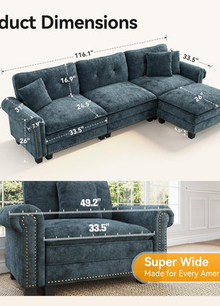 Elevate Your Living Space with the Elegant 116.1" L-Shaped Modular Cloud Couch - Ultimate Comfort with Mid-Century Modern Design, Nailhead Trim, and Plush Throw Pillows