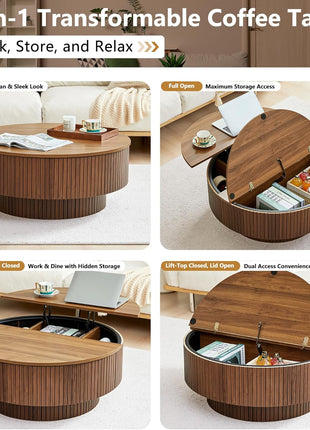 33-Inch Round Coffee Table with Lift-Top and Flip-Top Storage, Modern Fluted Design, Metal Frame, Wooden Center Table for Living Room, Small Spaces, Apartments, and Offices (Walnut)