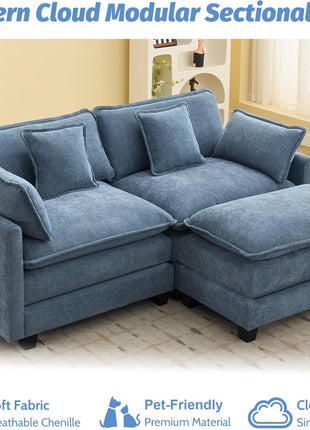 76-Inch Cloud Deep Seat Upholstered Chenille Modular Loveseat Sofa with Movable Ottoman, Modern 3-Seat Sectional Couch for Living Room and Small Apartments, Blue