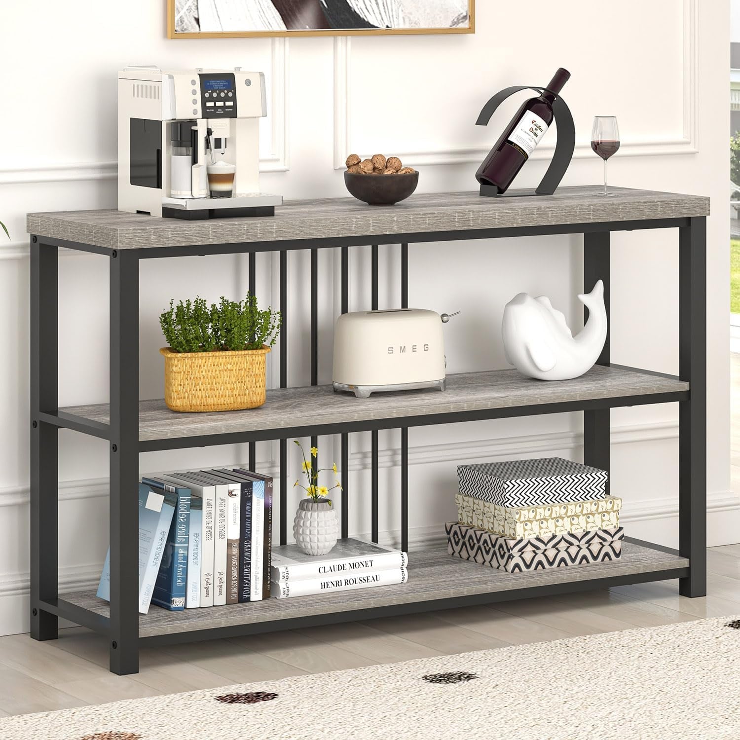Console Tables for Entryway, Sofa Table with 3 Tier Storage for Living Room Hallway Foyer behind Couch, Rustic Light Grey