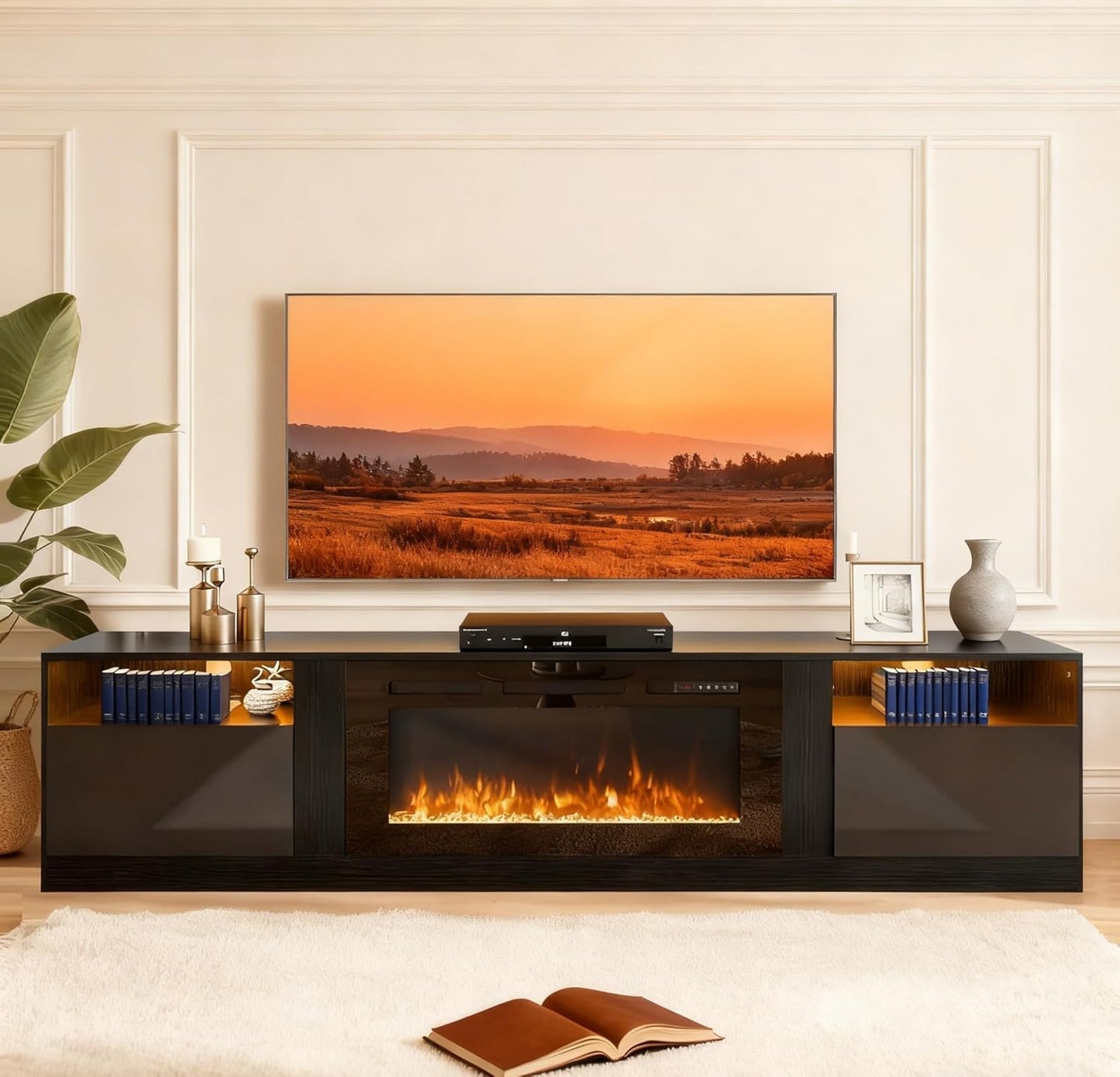 80" Fireplace TV Stand for Tvs up to 90", LED Light Entertainment Center with 36" Electric Fireplace, Modern Wood Texture TV Media Console with Highlight Storage Cabinet, Black+Black