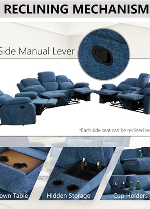 2-Piece Manual Recliner Sofa Set with Cup Holders and Storage Console, 3-Seater and 2-Seater Fabric Couches for Living Room, Meeting Room, or RV - Blue