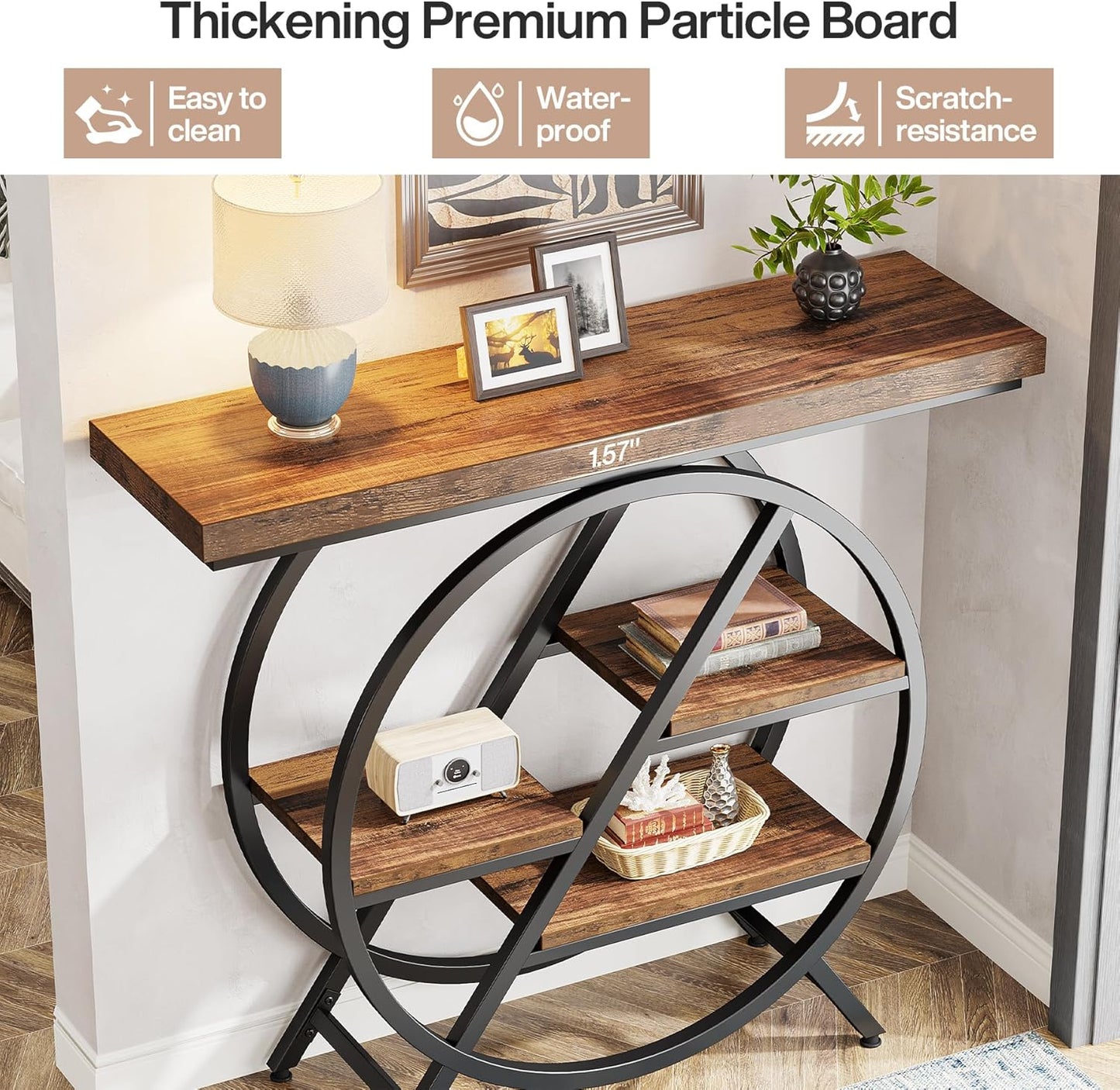 Console Table, 40-Inch Entryway Table with Storage Shelves, 4-Tier Industrial Hallway Sofa Table with Geometric Metal Frame, Accent Table for Living Room, Entryway, Rustic Brown