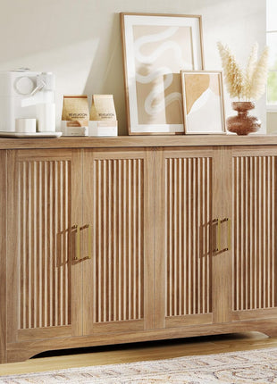 Contemporary Fluted Buffet Cabinet with Storage, 4-Door Accent Sideboard and Adjustable Shelves, Wood Console Table for Dining Room, Kitchen, Living Room, and Entryway in Natural Oak