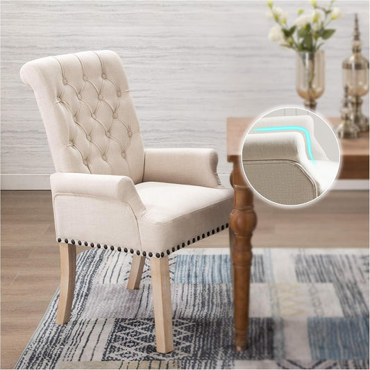 Dining Chairs with Arms, Upholstered Fabric Dining Room Chairs with Solid Wood Legs, Accent Armchair for Kitchen Dining Living Room, Beige