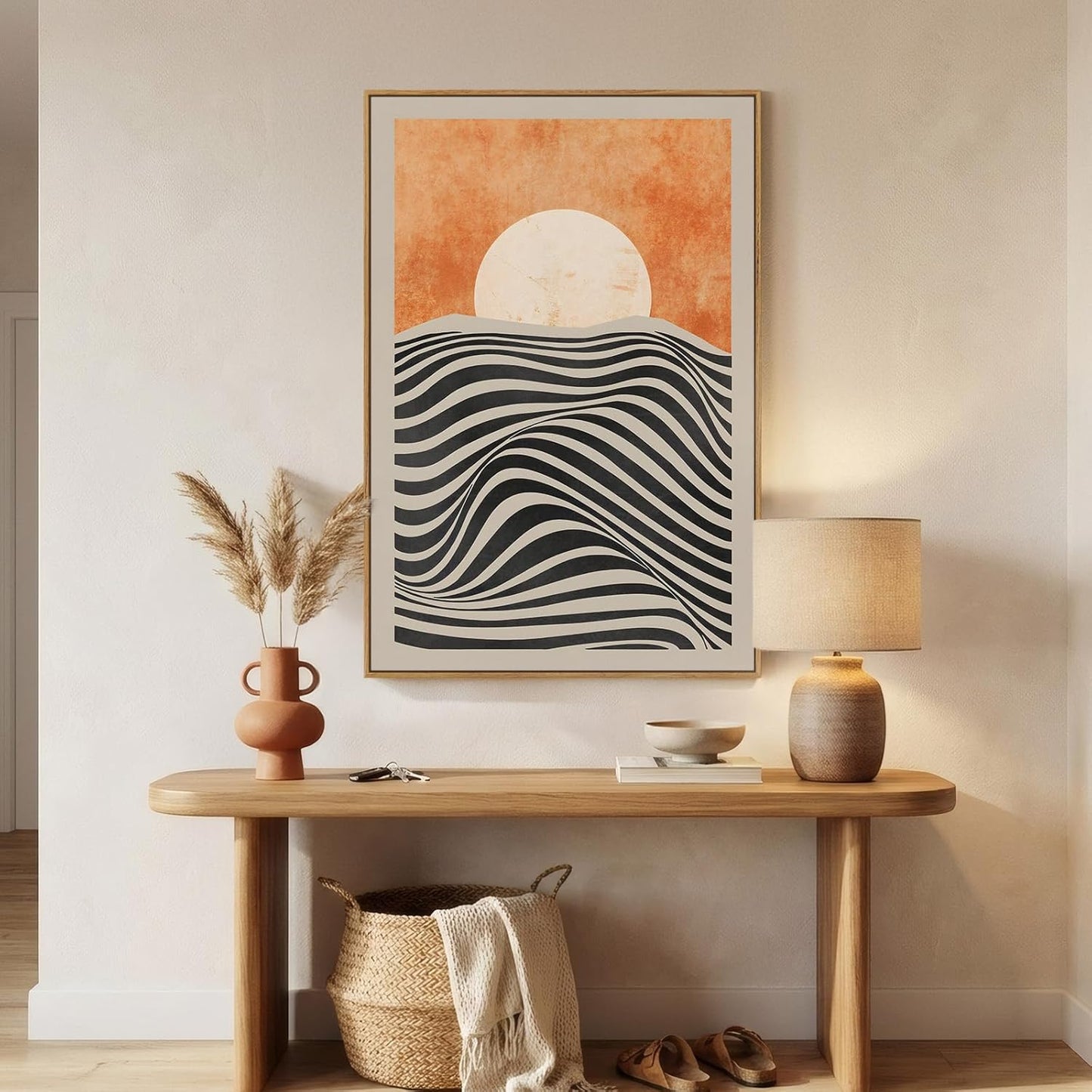 Framed Boho Abstract Sun Wall Art for Living Room, Orange Sunset Vertical Mid Century Modern Canvas Artwork for Walls, Bohemian Stripes Painting Print Wall Decor for Bedroom Home Office, 24X36 Inch