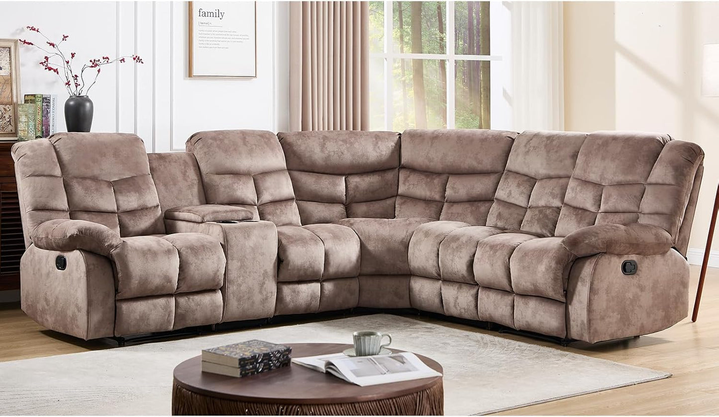 Manual Reclining Sectional Sofa Set for Living Room, Soft Fabric Recliner Corner Sectional Couch with Center Console, Cup Holder and Storage, Brown