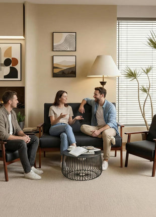 Mid-Century Modern Upholstered Faux Leather Loveseat Sofa with Wood Arms, 2-Seat Couch for Living Room and Outdoor Lounge, 50” Width