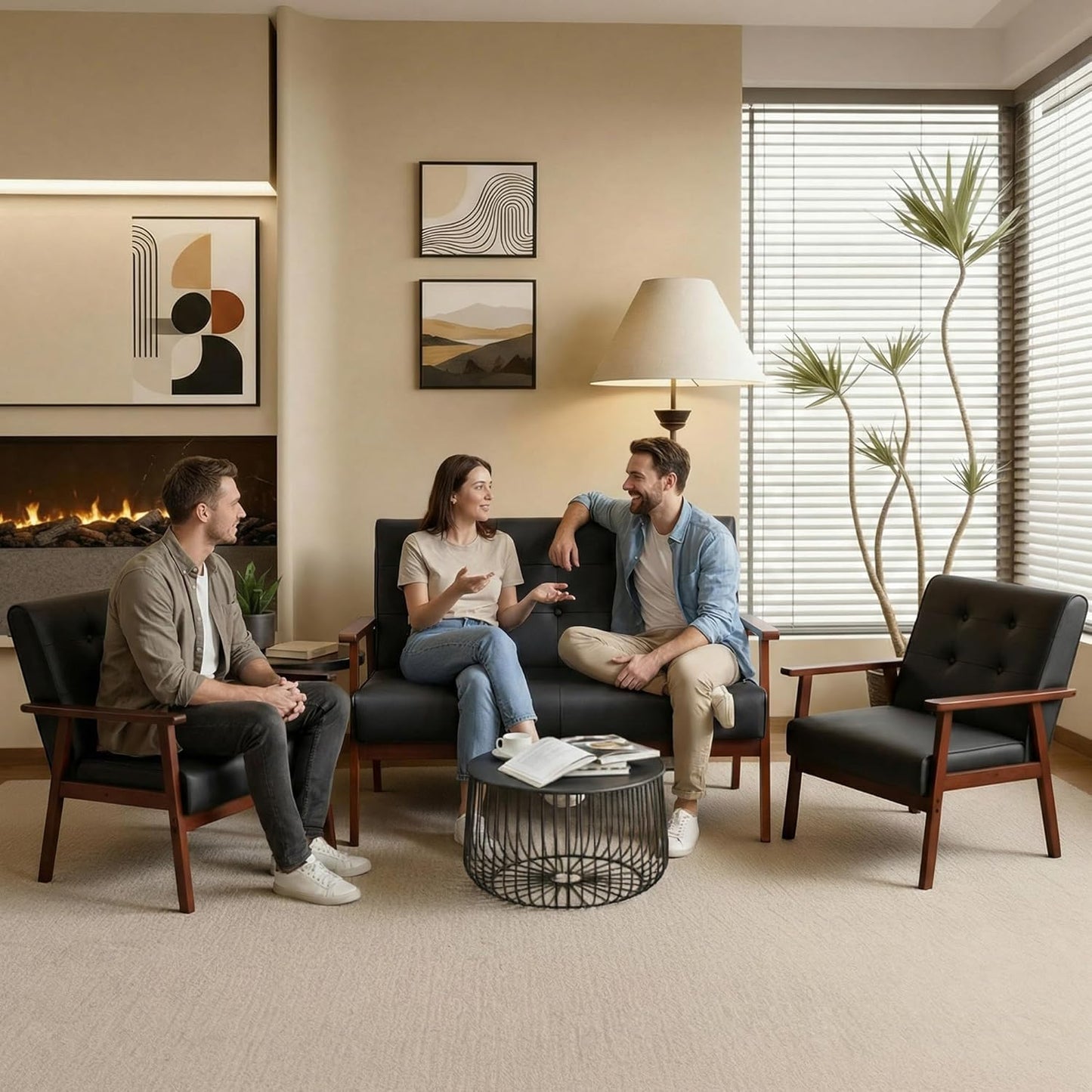 Mid-Century Modern Solid Loveseat Sofa Upholstered Faux Leather Couch 2-Seat Wood Armchair Living Room/Outdoor Lounge Chair, Waiting Room Sofa, 50”W