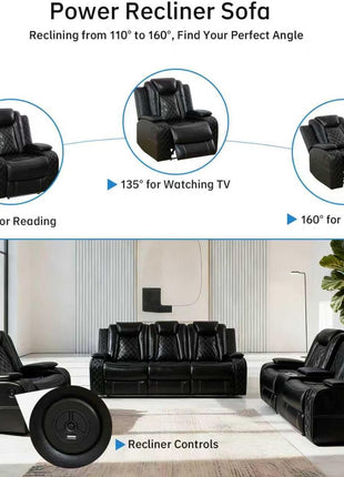 Power Recliner Sectional Sofa Set with LED Lighting, Breathable Leather Upholstery, Storage Console, Cup Holders, Wireless Charging, and Touch Reading Light - 3-Piece Black Sofa for Living Room, Home Theater, and Office